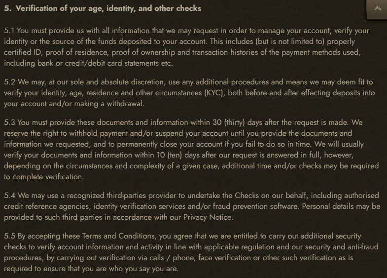 Dolly Casino official Terms section describing KYC and verification requirements