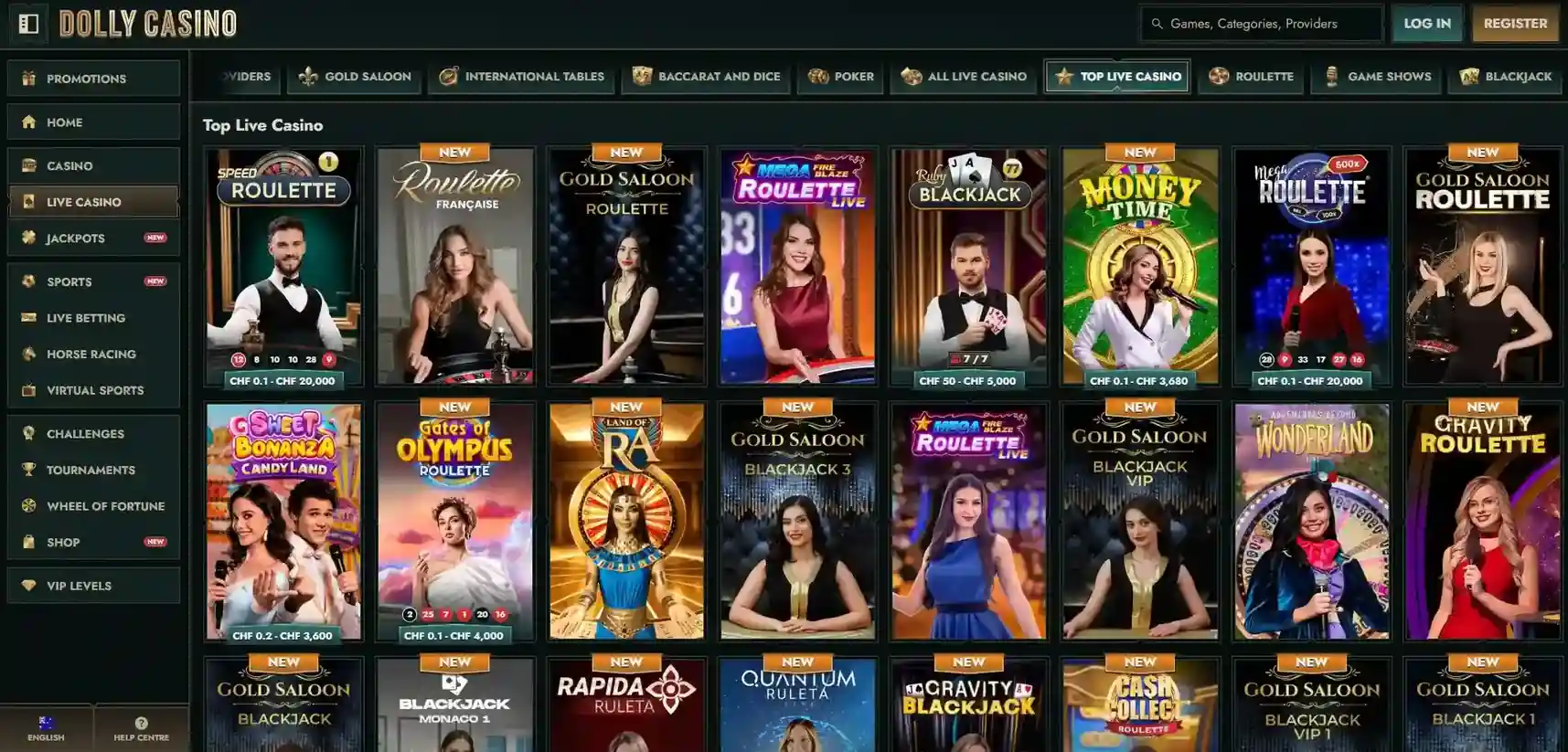 Current Dolly Casino Australian live-casino lobby showing live tables and category navigation