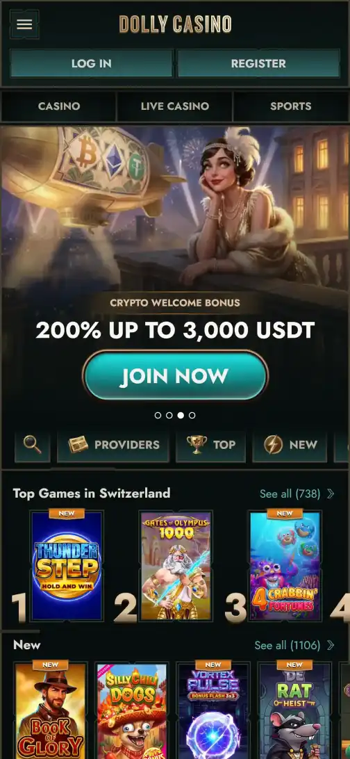 Dolly Casino mobile browser view on the Australian-facing website